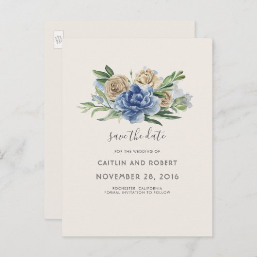 Dusty Blue and Ivory Rustic Floral Save the Date Aankondigingskaart (Voorkant / Achterkant)