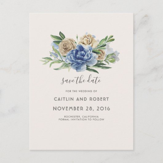 Dusty Blue and Ivory Rustic Floral Save the Date Aankondigingskaart (Voorkant)