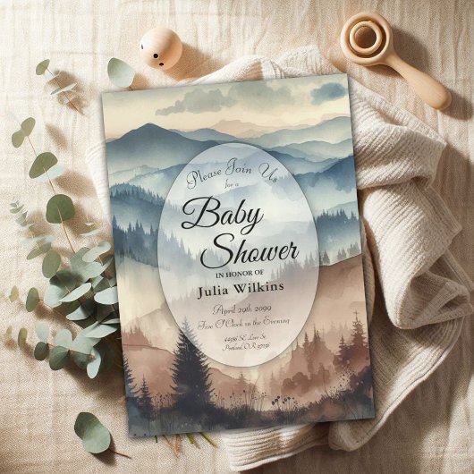 Dusty Blue and Mocha Brown Mountains Baby Shower Kaart