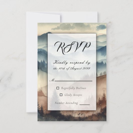 Dusty Blue and Mocha Brown Mountains RSVP Kaartje (Voorkant)