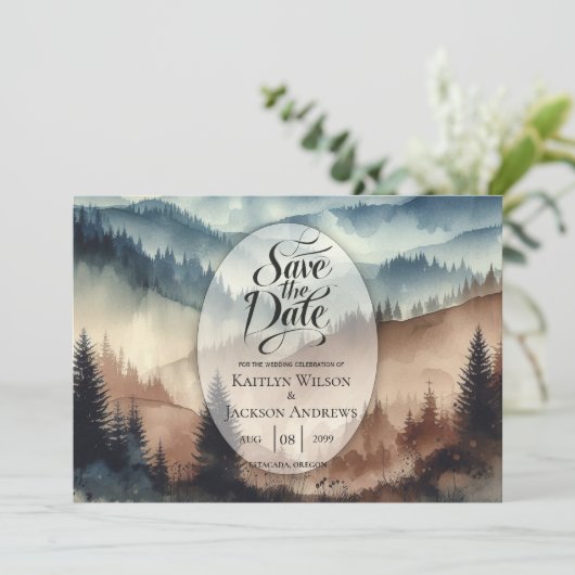 Dusty Blue and Mocha Brown Mountains Save The Date (Staand voorkant)