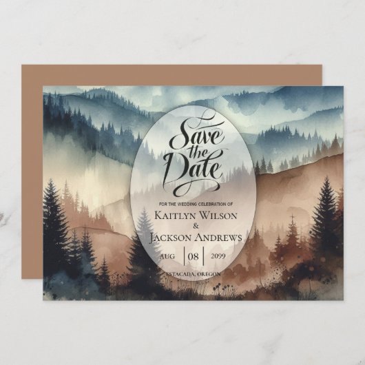 Dusty Blue and Mocha Brown Mountains Save The Date (Voorkant / Achterkant)