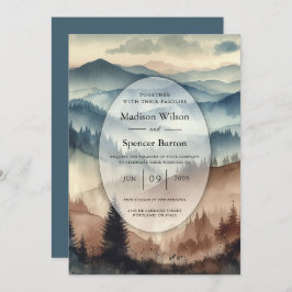 Dusty Blue and Mocha Brown Mountains Wedding Kaart