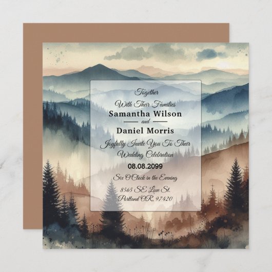 Dusty Blue and Mocha Brown Mountains Wedding Kaart (Voorkant / Achterkant)