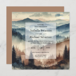 Dusty Blue and Mocha Brown Mountains Wedding Kaart