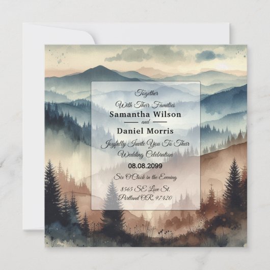 Dusty Blue and Mocha Brown Mountains Wedding Kaart (Voorkant)