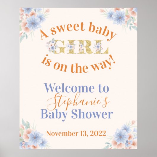Dusty Blue and Peach Bloemen Meisjes Baby shower Poster (Voorkant)