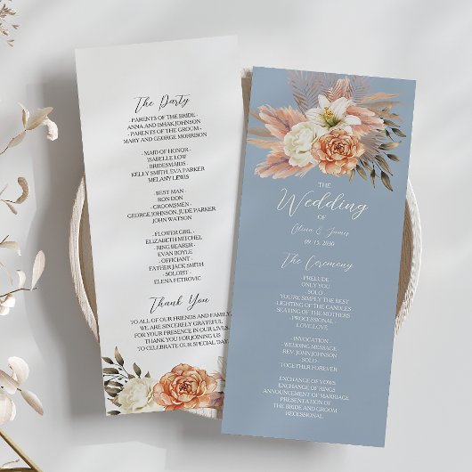 Dusty Blue and Peach Floral Wedding Program Programmakaart