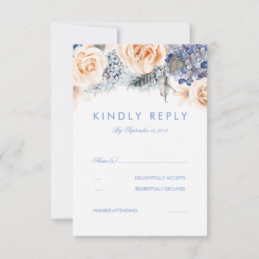 Dusty Blue and Peach Floral Wedding RSVP Kaart (Voorkant)