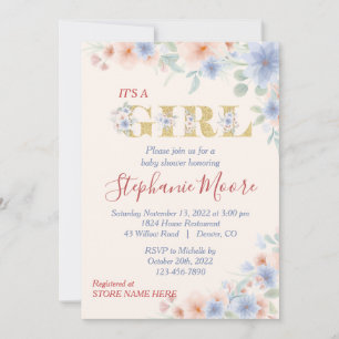 Dusty Blue and Peach (Ver.2) Floral Baby shower Kaart