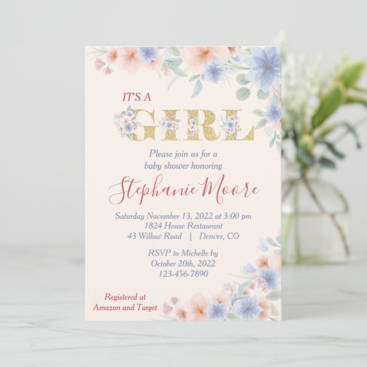 Dusty Blue and Peach (Ver.2) Floral Baby shower Kaart (Staand voorkant)