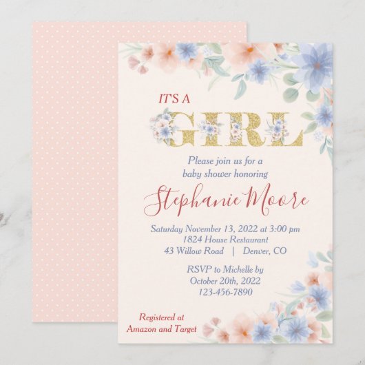 Dusty Blue and Peach (Ver.2) Floral Baby shower Kaart (Voorkant / Achterkant)