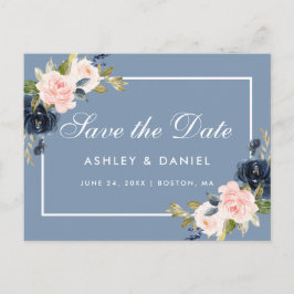 Dusty Blue and Pink Blush Floral Save the Date Aankondigingskaart