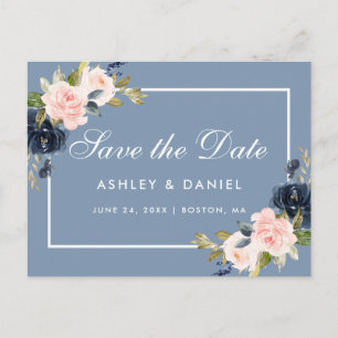 Dusty Blue and Pink Blush Floral Save the Date Aankondigingskaart