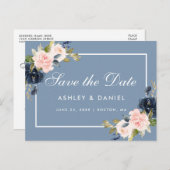 Dusty Blue and Pink Blush Floral Save the Date Aankondigingskaart (Voorkant / Achterkant)