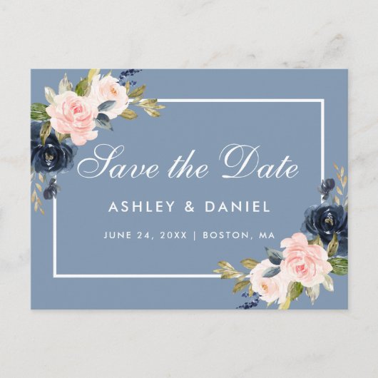 Dusty Blue and Pink Blush Floral Save the Date Aankondigingskaart (Voorkant)