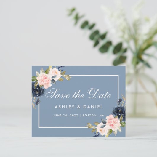 Dusty Blue and Pink Blush Floral Save the Date Aankondigingskaart (Staand voorkant)