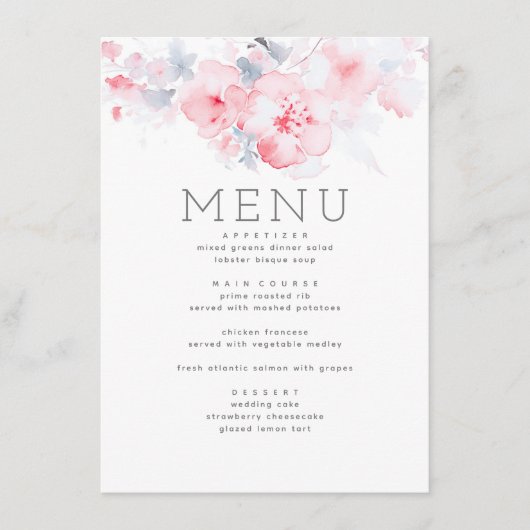 Dusty Blue and Pink Floral Theme Menu (Voorkant)