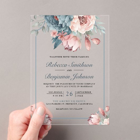Dusty Blue and Pink Floral Wedding Acryl Uitnodigingen (Insitu (Draagbaar))
