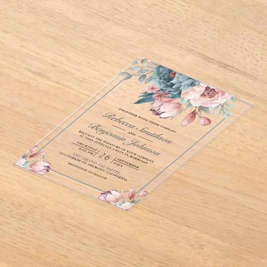 Dusty Blue and Pink Floral Wedding Acryl Uitnodigingen (Laagn)