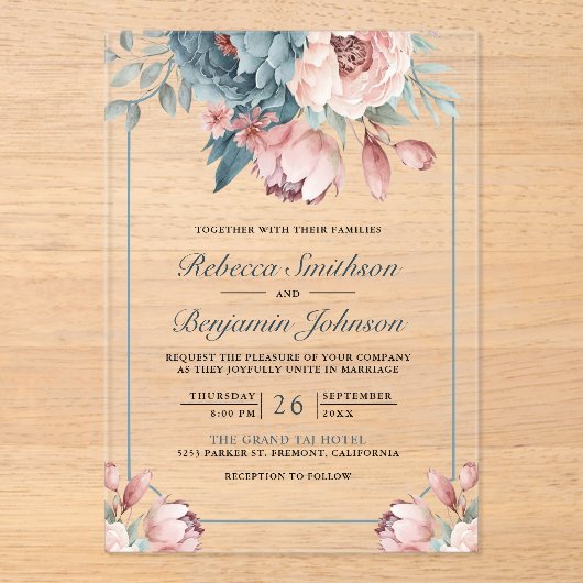 Dusty Blue and Pink Floral Wedding Acryl Uitnodigingen (Voorkant)