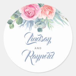 Dusty Blue and Pink Floral Wedding Seals Ronde Sticker
