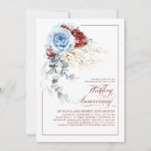 Dusty Blue and Red Floral Wedding Anniversary Kaart (Voorkant)