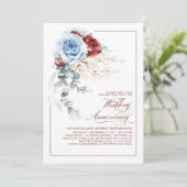 Dusty Blue and Red Floral Wedding Anniversary Kaart (Staand voorkant)