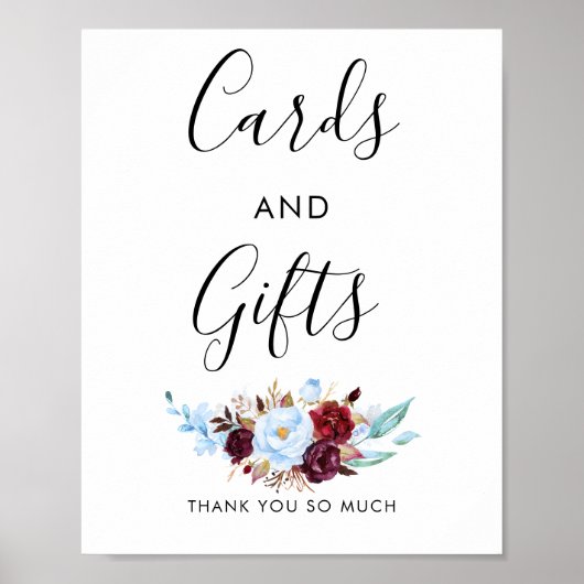 Dusty Blue and Red Wedding Cards and Gifts Sign Poster (Voorkant)