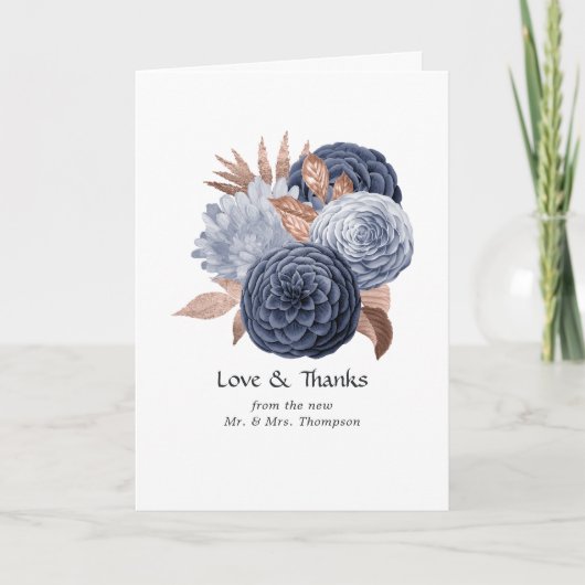 Dusty Blue and Roos Gold Floral Wedding Foto Bedankkaart (Voorkant)