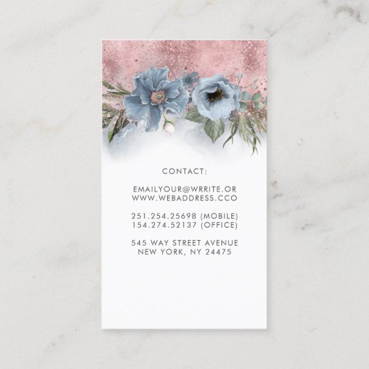 Dusty Blue and Roos Gold Glitter Modern Floral Visitekaartje (Achterkant)