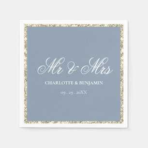 Dusty Blue and Silver Border Mr & Mrs Wedding Servet