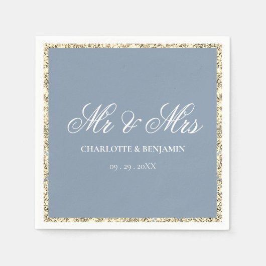Dusty Blue and Silver Border Mr & Mrs Wedding Servet (Voorkant)