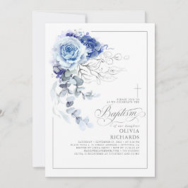 Dusty Blue and Silver Floral Elegant Baptism Kaart