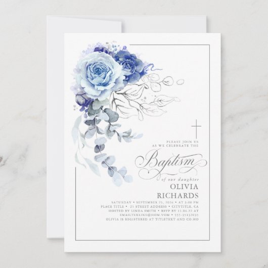 Dusty Blue and Silver Floral Elegant Baptism Kaart (Voorkant)