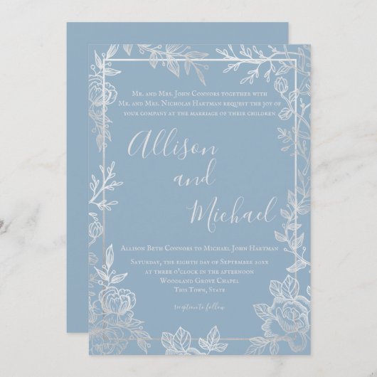 Dusty Blue and Silver Floral Sketch Lijst Kaart (Voorkant / Achterkant)