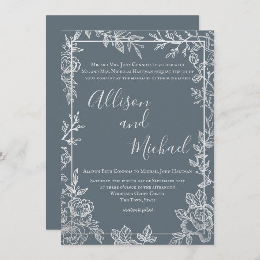 Dusty Blue and Silver Floral Sketch Lijst Kaart (Voorkant / Achterkant)