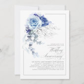 Dusty Blue and Silver Floral Wedding Anniversary Kaart (Voorkant)