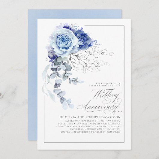 Dusty Blue and Silver Floral Wedding Anniversary Kaart (Voorkant / Achterkant)