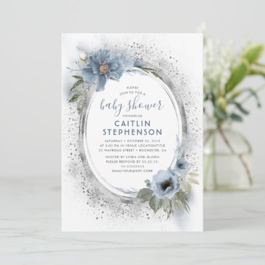 Dusty Blue and Silver Glitter Baby shower Kaart (Staand voorkant)