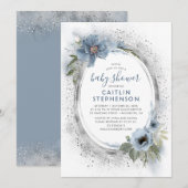 Dusty Blue and Silver Glitter Baby shower Kaart (Voorkant / Achterkant)