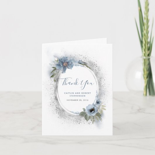 Dusty Blue and Silver Glitter Floral Bedankt (Voorkant)