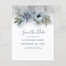 Dusty Blue and Silver Glitter Floral Save the Date Aankondigingskaart