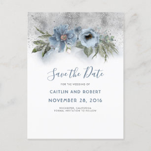 Dusty Blue and Silver Glitter Floral Save the Date Aankondigingskaart