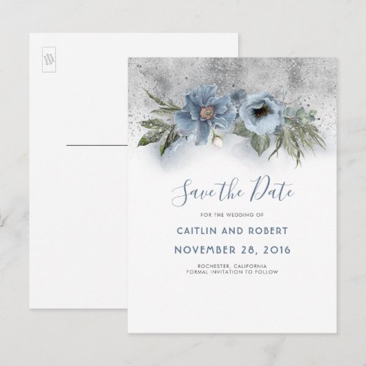 Dusty Blue and Silver Glitter Floral Save the Date Aankondigingskaart (Voorkant / Achterkant)