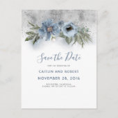Dusty Blue and Silver Glitter Floral Save the Date Aankondigingskaart (Voorkant)