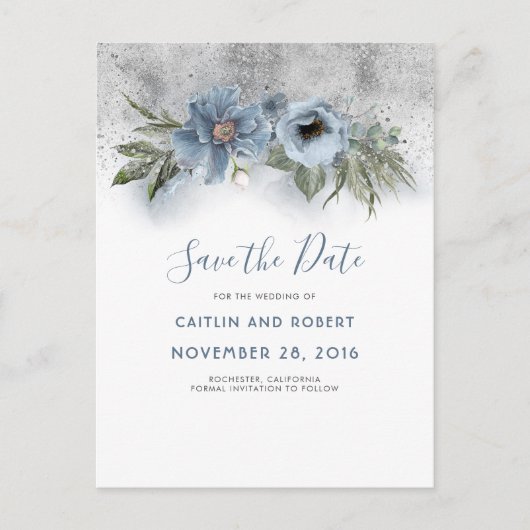 Dusty Blue and Silver Glitter Floral Save the Date Aankondigingskaart (Voorkant)