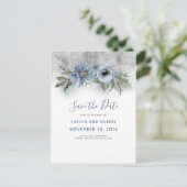 Dusty Blue and Silver Glitter Floral Save the Date Aankondigingskaart (Staand voorkant)