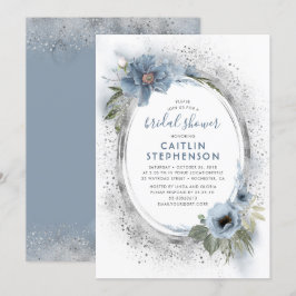 Dusty Blue and Silver Glitter Floral Vrijgezellenf Kaart