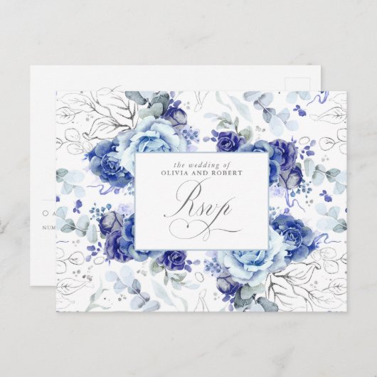 Dusty Blue and Silver Wedding RSVP Postcard Briefkaart (Voorkant / Achterkant)